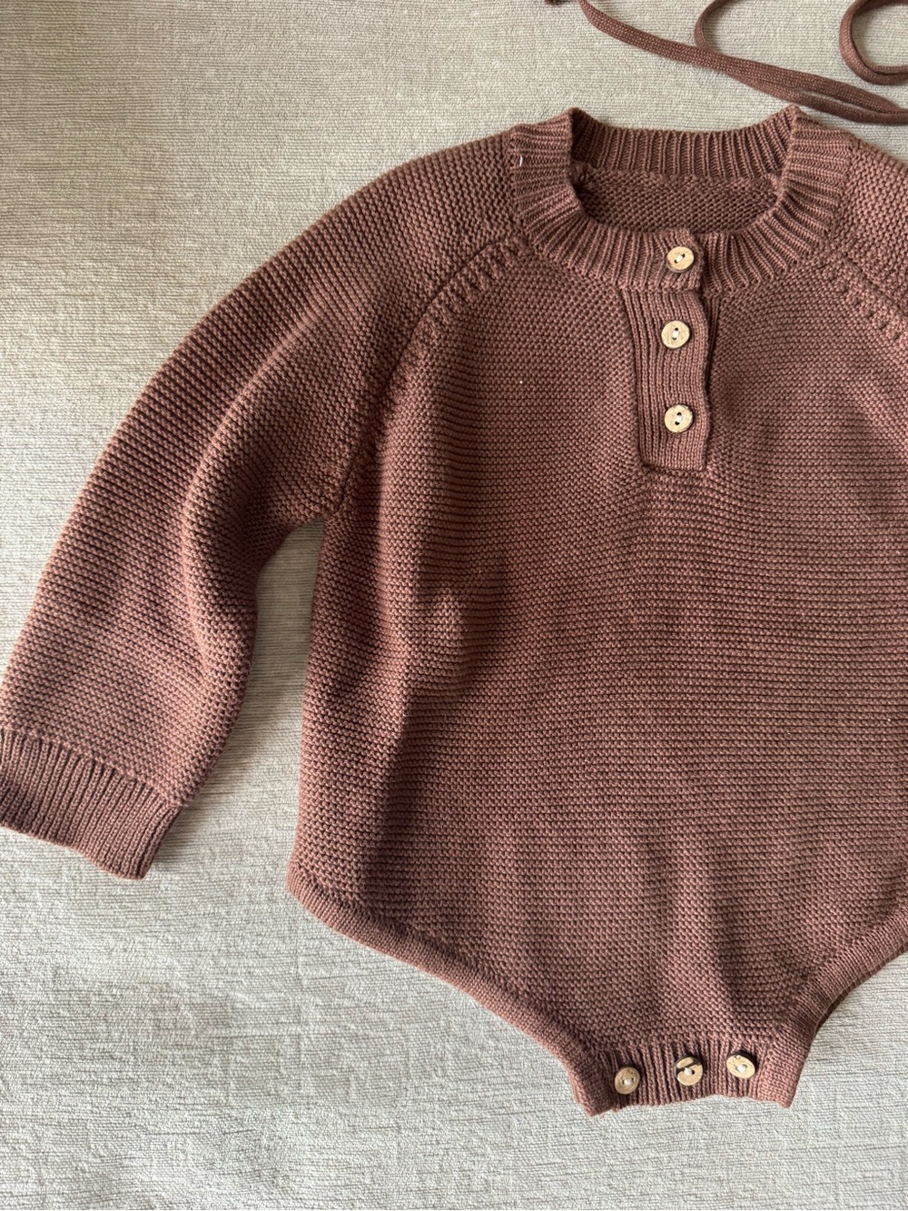 Baby Knit Romper & Pom Pom Bear Bonnet Set Brown Cottagecore Boho Neutral Infant - Picture 4 of 7